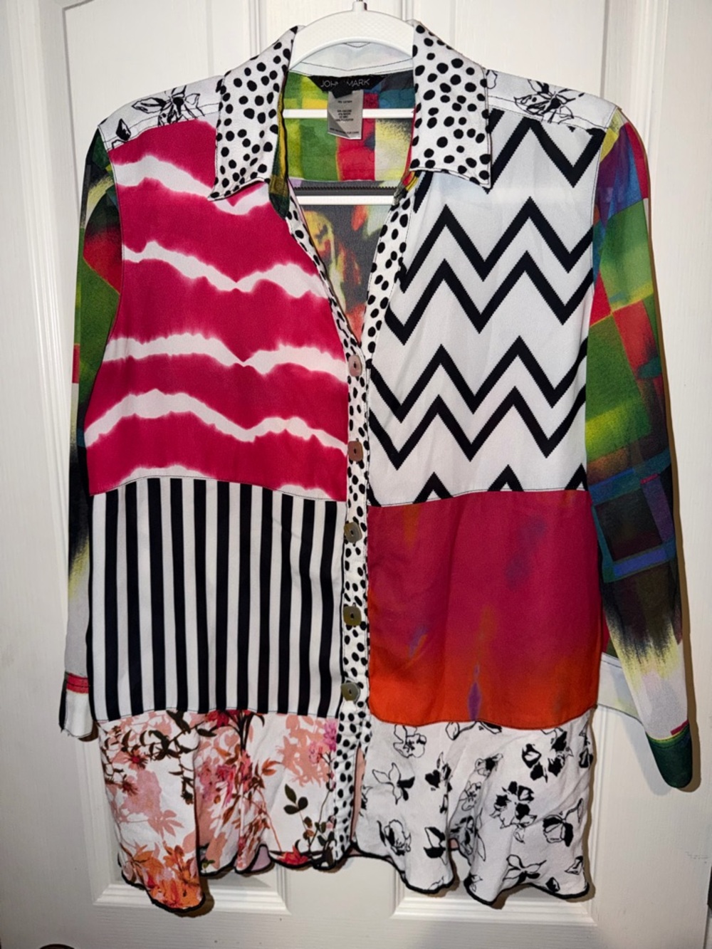 John Mark size small Colorblock Mixed-Print Button Front Shirt - Multicolor